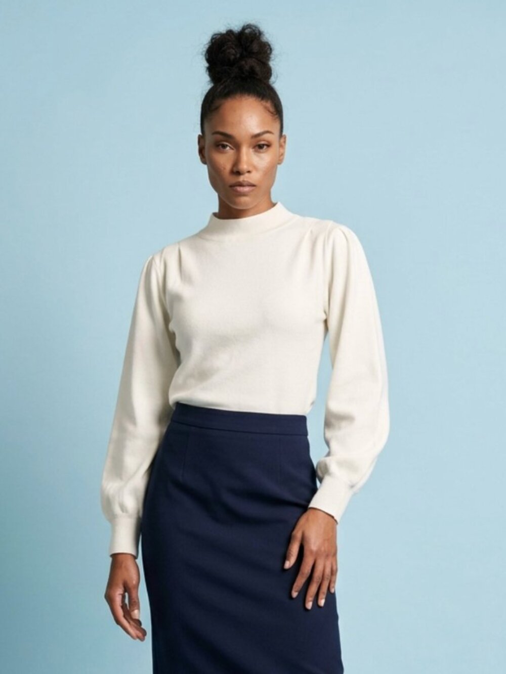 MANGO Cream Mock Neck Puff Sleeve Sweater Sz L